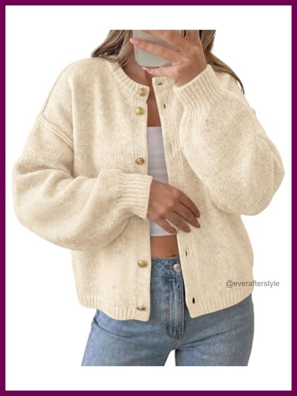Chunky Knit Cardigan Sweater Women Button Up Oversized Lantern Sleeve Crew Neck